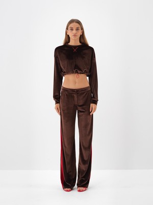 Kadın Kahverengi Lüks Dokulu Soft Kadife Oversize Pantolon