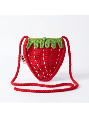 Rug Muse El Örgüsü Kız Çocuk Omuz Çantası - Berry Sweet - Çilek Formlu Örgü Çanta - Mercan (Coral)