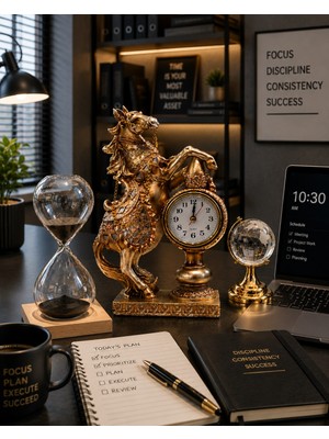 Biton Toptan Premium Ofis Dekorasyonu 3’lü Masaüstü Seti Atlı Saat Kum Saati Dünya Küre