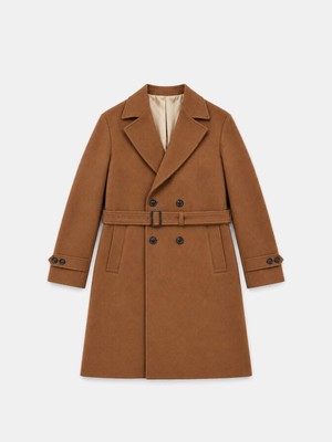 Erkek Camel Doğal Yün Dokulu Regular Fit Kaban