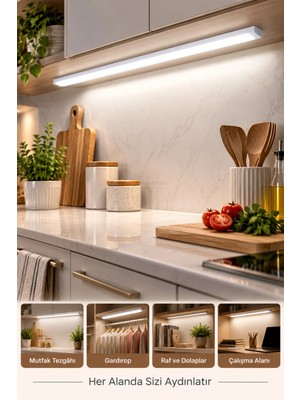 Makri Home 50 cm Şarjlı LED Dolap Altı Aydınlatma Beyaz Işık Mıknatıslı Yapışkanlı