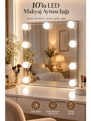 Makri Home 10’lu LED Makyaj Aynası Işığı, 3 Renk Modlu, USB 5V, Ayarlanabilir Parlaklık, Yapışkanlı