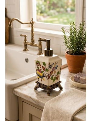 Makri Home Lavina Seramik Sıvı Sabunluk, Krem, Bahar, Bronz Ayaklı 470 ml