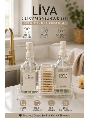 Makri Home Liva 2’li Cam Sıvı Sabunluk Seti, Metal Stantlı, Süngerlikli, 2 x 500 Ml, 24X9,5X23 Cm.
