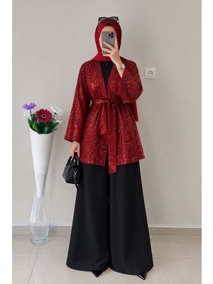 Kırmızı Pullu Kimono Beli Kemerli Tesettür Kimono
