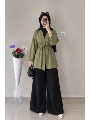 Yağ Yeşili Dökümlü Kimono