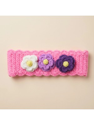 Rug Muse El Örgüsü Kız Çocuk Bandana - Pinky Garden Bandana - Pembe Çiçekli Örgü