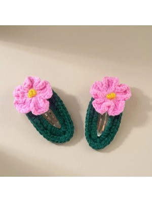 Rug Muse El Örgüsü Kız Çocuk Toka Seti - Pinky Buds - Pembe Çiçekli Yeşil Tabanlı