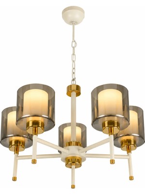Verona Modern 5 Kollu Beyaz Gold Füme Camlı Avize E27 Duylu Ampulsüz