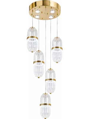 Verona Modern 5’li Gold Sarkıt LED Avize Kristal Camlı 3 Renkli Sarı Beyaz Günışığı Ayarlanabilir Boy