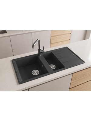 Real Stone Realstone P013 Salda 1.5 Göz Damlalıklı Granit Evye 1000x500 mm Antrasit