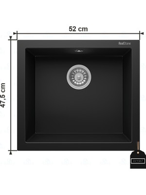 Real Stone Gordion 52 K05 Granit Evye 520X470 mm Tek Göz Mutfak Evyesi - K005 Gordion 52 Siyah
