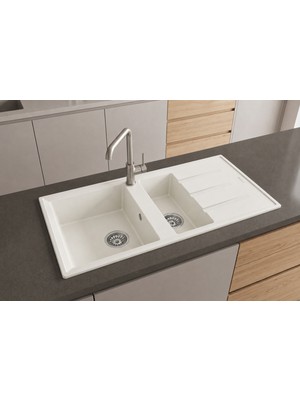 Real Stone Realstone Salda 100 P013 Granit Evye 1000X500 mm 1.5 Göz Damlalıklı Mutfak Evyesi - Realstone P013 Salda Beyaz