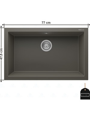 Real Stone Gordion 77 K013 Granit Evye 770X475 mm Tek Göz Mutfak Evyesi - K013 Gordion 77 Gri