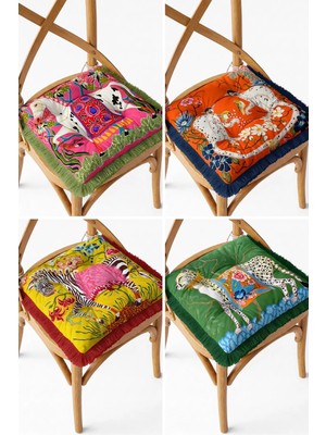 Maison Luré Sandalye Minderi 4'lü Saçaklı Zebra Leopar Maymun Desenli Bağcıklı Pofidik