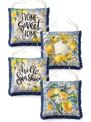 Maison Luré Sandalye Minderi Limon Motifli Mavi Çini Çerçeveli Saçaklı Bağcıklı Pofuduk