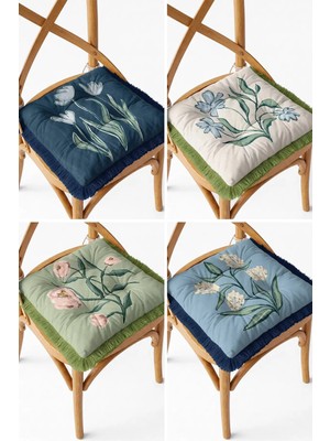 Maison Luré Sandalye Minderi 4'lü Pastel Kır Çiçekleri Desenli Saçaklı Bağcıklı Pofidik