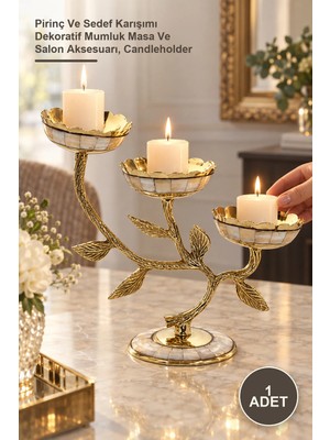 Yenilig 1 Adet Pirinç Sedefli 3'lü Şamdan – Pirinç ve Karışımı Dekoratif Mumluk Masa ve Salon Aksesuarı, Candleholder