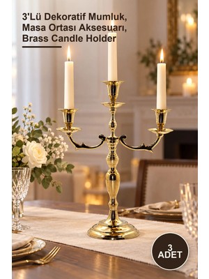 Yenilig 3 Adet Pirinç Şamdan Seti – 3'lü Dekoratif Mumluk, Masa Ortası Aksesuarı, Brass Candle Holder