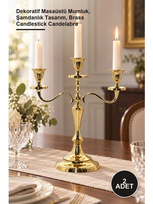 Yenilig 2 Adet Pirinç 3'lü Şamdan – Dekoratif Masaüstü Mumluk, Şamdanlık Tasarım, Brass Candlestick Candelabra