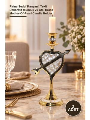 Yenilig 2 Adet Şamdan – Pirinç Karışımlı Tekli Dekoratif Mumluk 20 Cm, Brass Mother-Of-Pearl Candle Holder