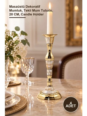 Yenilig 4 Adet Pirinç Sedefli Şamdan – Masaüstü Dekoratif Mumluk, Tekli Mum Tutucu, 20 Cm, Candle Holder