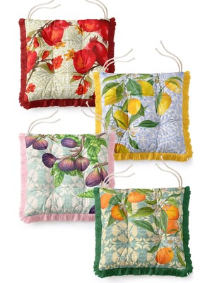 Maison Luré Sandalye Minderi Limon Nar Incir Desenli Saçaklı Pofidik 4'lü Set