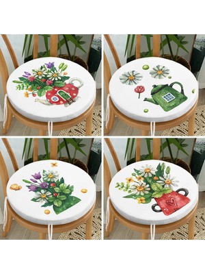 Maison Luré Sandalye Minderi 4'lü Renkli Sevimli Saksılar Içinde Çiçek Tasarımlı Modern Yuvarlak Fermuar