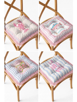 Maison Luré Sandalye Minderi Pembe Saçaklı Bağcıklı Pofidik 4'lü Set