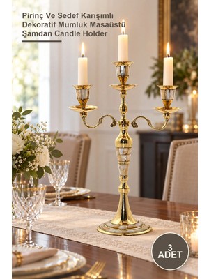 Yenilig 3 Adet Pirinç Sedefli Üçlü Şamdan – Pirinç ve Karışımlı Dekoratif Mumluk Masaüstü Şamdan Candle Holder