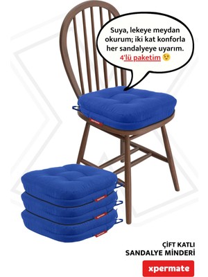 Maison Luré Sandalye Minderi 4’lü 42X42X8 cm Çift Kat Pofuduk Fermuarlı Mavi