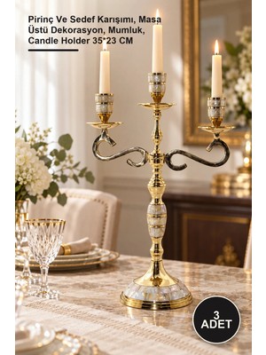 Yenilig 3 Adet Pirinç Sedefli 3'lü Şamdan – Pirinç ve Karışımı, Masa Üstü Dekorasyon, Mumluk, Candle Holder 35*23 cm