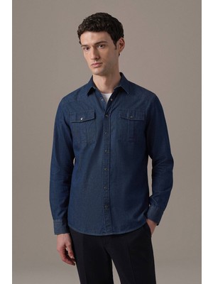 Hemington Indigo Yıkama Cepli Koyu Lacivert Gömlek