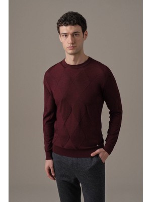 Hemington Merino Yün İpek Karışım Bisiklet Yaka Argyle Desen Bordo Triko
