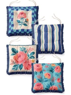 Maison Luré Sandalye Minderi Pembe Gül Çiçek Desenli Saçaklı Pofidik 4'lü Set