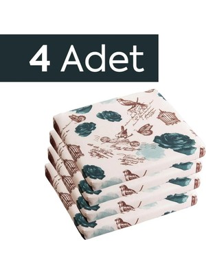 Maison Luré Sandalye Minderi Çiçekli 40X40X4 Bağcıklı Çıkarılabilir Kılıflı Su Itici Yeşil 4'lü