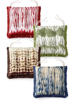 Maison Luré Sandalye Minderi Shibori Batik Desenli 4'lü Saçaklı Pofuduk Bahçe Seti