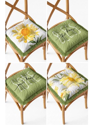 Maison Luré Sandalye Minderi Yeşil Papatya Çiçekli Saçaklı Pofiduk 4'lü Set