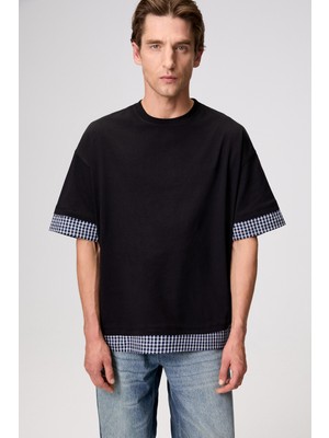 Grimelange Jackel Erkek Kol Ucu ve Etek Ucu Dokuma Siyah T-Shirt