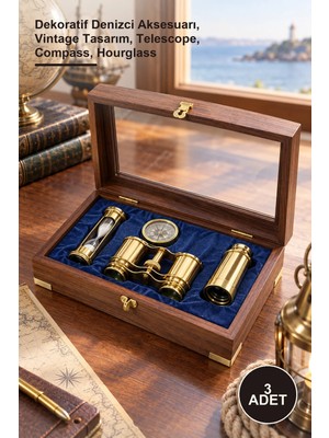 Yenilig 3 Adet Ahşap Kutulu Pirinç Dürbün Pusula ve Kumsaati Seti – Dekoratif Denizci Aksesuarı, Vintage Tasarım, Telescope, Compass, Hourglass