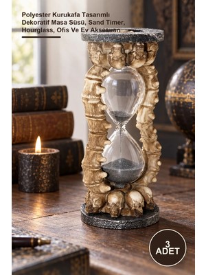 Yenilig 3 Adet Kum Saati – Polyester Kurukafa Tasarımlı Dekoratif Masa Süsü, Sand Timer, Hourglass, Ofis ve Ev Aksesuarı