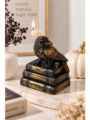 Artnest Gotik Kuzgun Dekoratif Mum Eskitme Kitap Ve Kurukafa Detaylı Siyah Gold Obje Halloween