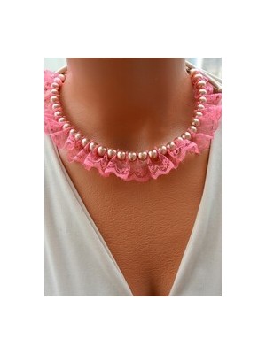 Stoneage Incili Dantel Kolye - Pembe -