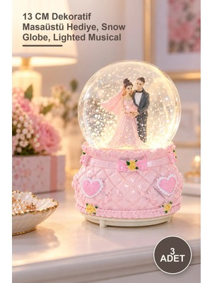 Yenilig 3 Adet Işıklı Müzikli Kar Küresi – 13 cm Dekoratif Masaüstü Hediye, Snow Globe, Lighted Musical