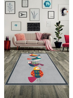 on the clouds Renkli Kuş Desenli Gri Zemin Dijital Baskı Yıkanabilir Kaymaz Taban Modern Salon Halısı