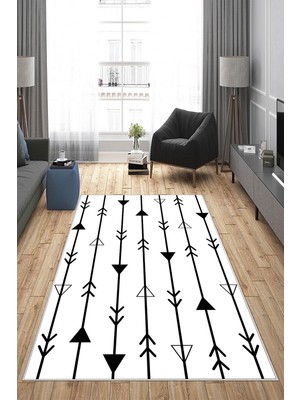 on the clouds Geometrik Etnik Ok Desenli Siyah Beyaz Dijital Baskı Yıkanabilir Kaymaz Taban Modern Salon Halısı