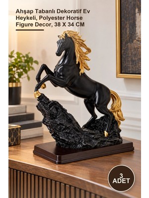 Yenilig 3 Adet Polyester Şahlanmış At Figürü – Ahşap Tabanlı Dekoratif Ev Heykeli, Polyester Horse Figure Decor, 38 x 34 cm