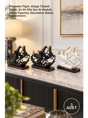 Yenilig 3 Adet Üçlü Şahlanmış At Figürleri – Polyester Figür, Ahşap Tabanlı Dekor, Ev ve Ofis Için At Heykeli, Horse Figurine, Decorative Statue