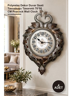 Yenilig 4 Adet Duvara Asmalı Tavuskuşu Saat – Polyester Dekor Duvar Saati Tavuskuşu Tasarımlı 70*50 cm Peacock Wall Clock