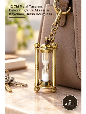 Yenilig 2 Adet Pirinç Kumsaati Anahtarlık – 12 cm Metal Tasarım, Dekoratif Çanta Aksesuarı, Keychain, Brass Hourglass